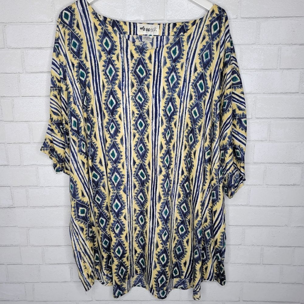 We Be Bop Vintage Yellow Blue Diamond Patterned Scoop Neck Blouse